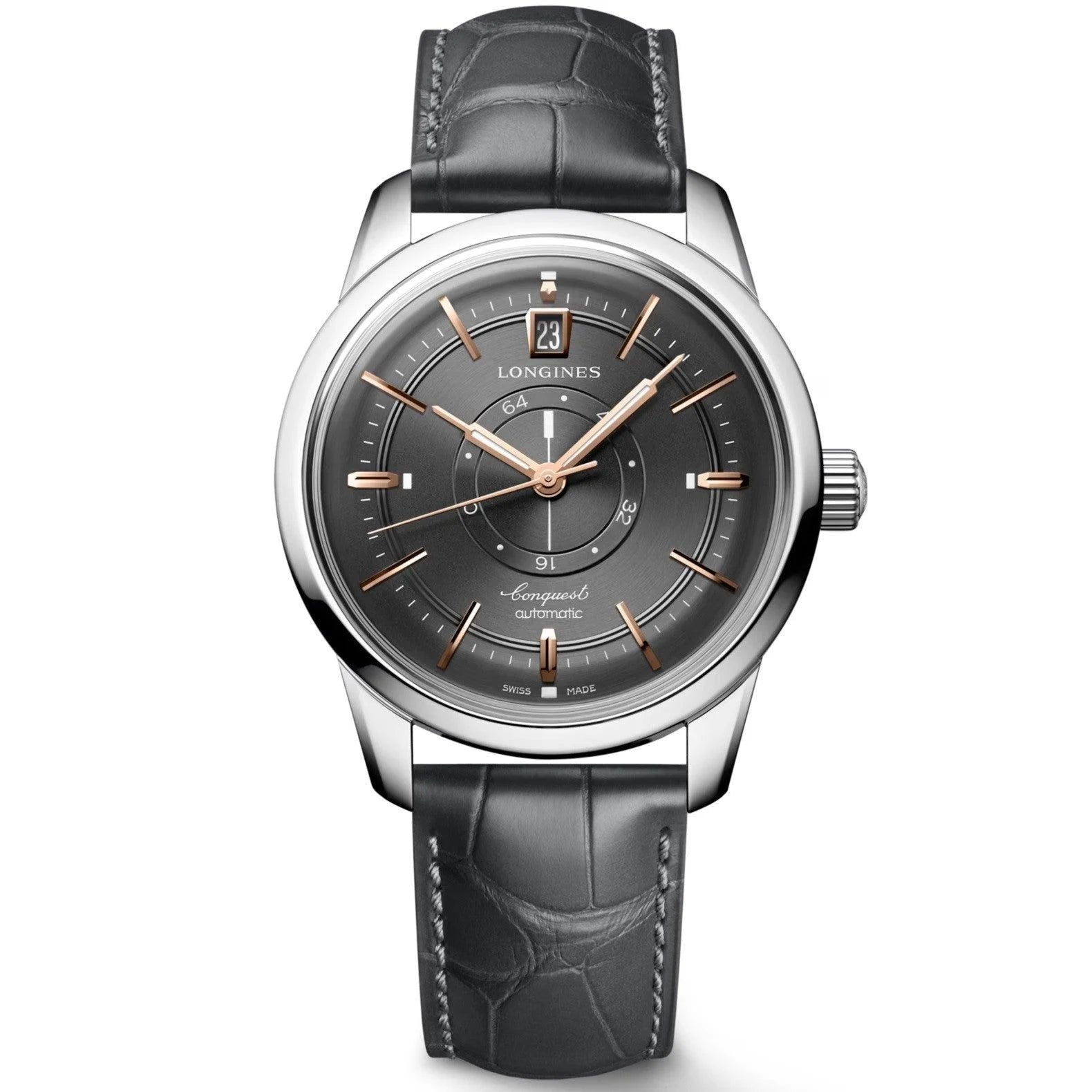 Orologio longines conquest heritage central power reserve 38mm automatico acciaio con quadrante grigio e cinturino pelle nera