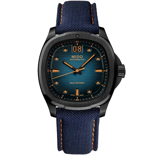 Orologio mido multifort tv big date 39x40mm blu automatico con cassa in acciaio nero PVD e cinturino in tessuto blu
