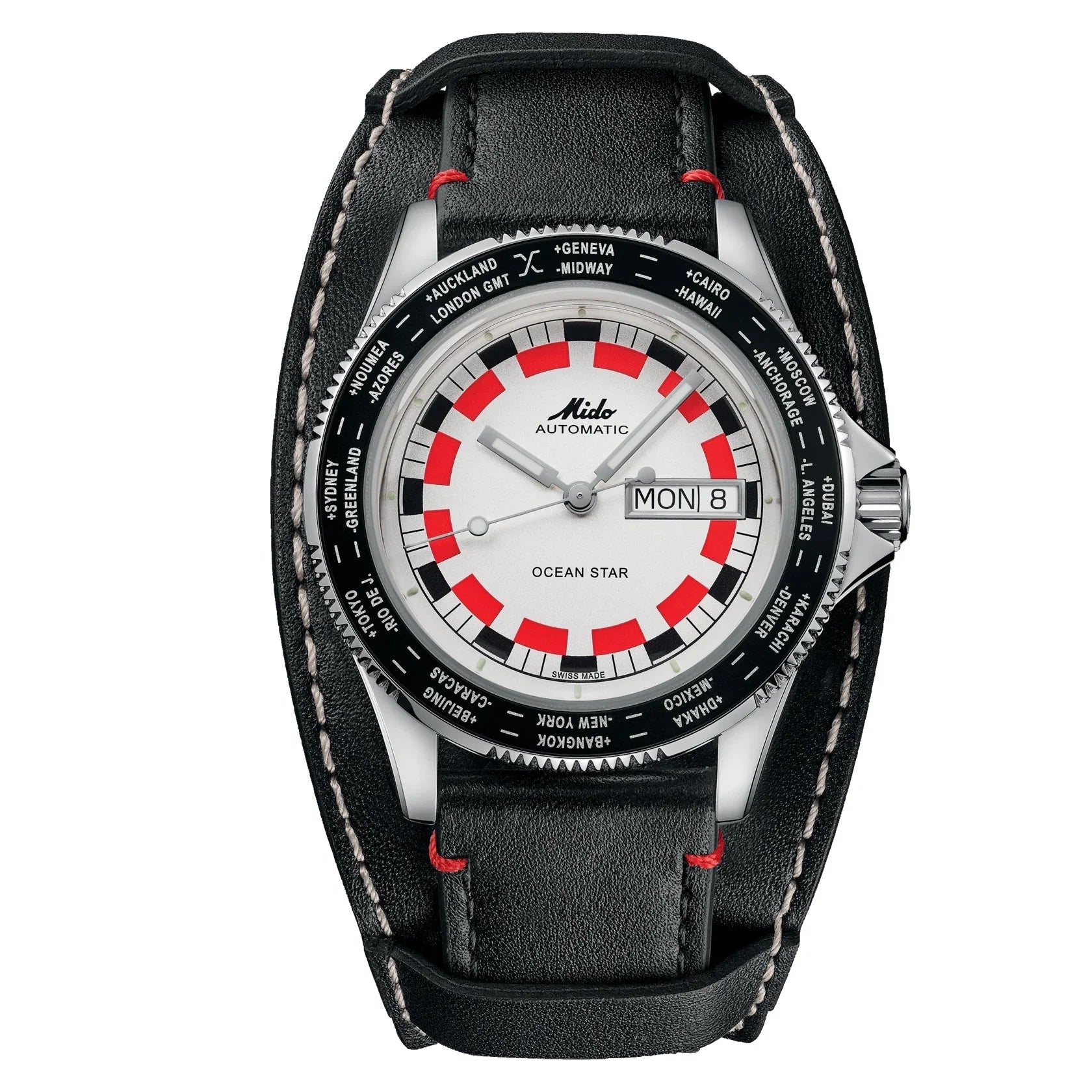 Mido orologio ocean star worldtimer automatico 40mm argento con quadrante rosso nero e cinturino pelle nera