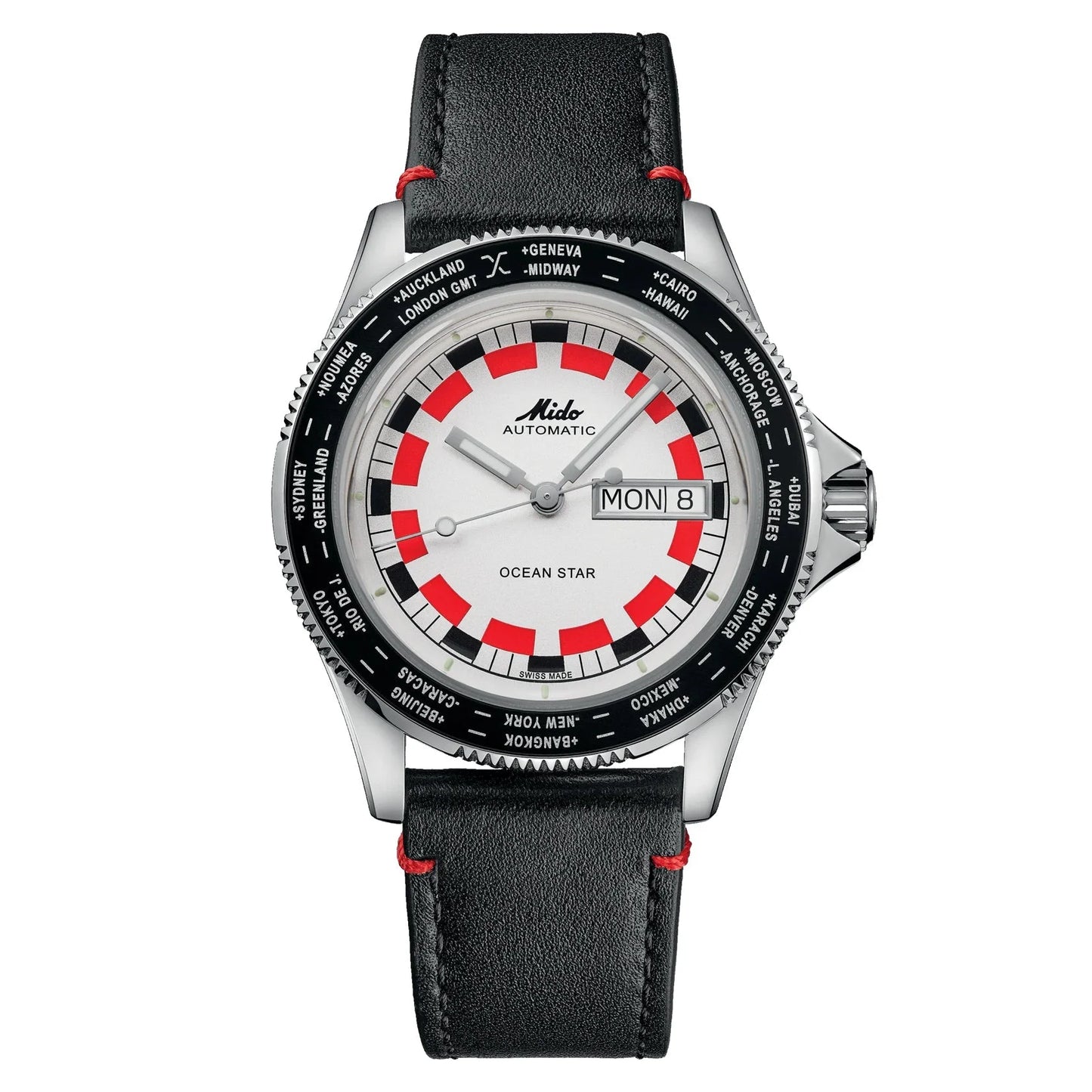Mido orologio ocean star worldtimer 40mm automatico argento con quadrante bianco e cinturino pelle nera rosso