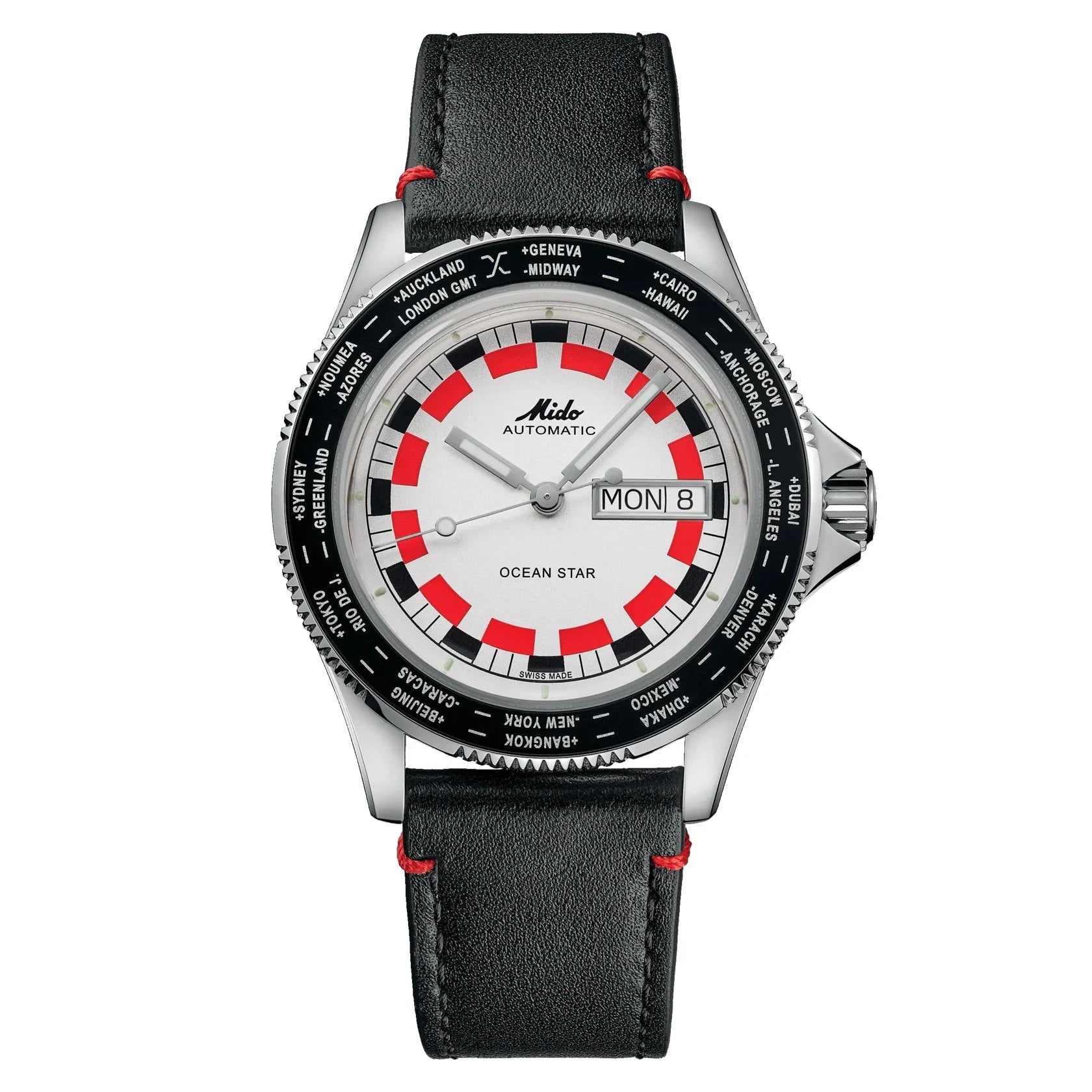 Mido orologio ocean star worldtimer 40mm automatico argento con quadrante bianco e cinturino pelle nera rosso