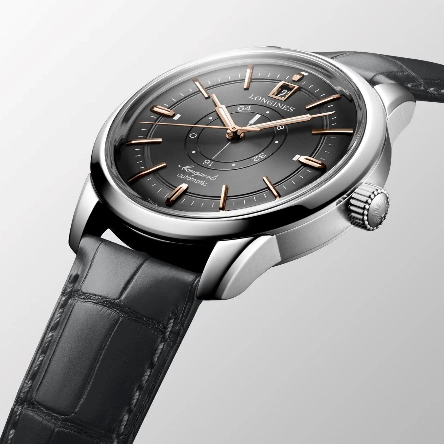 Longines orologio conquest heritage central power reserve 38mm acciaio con quadrante antracite e cinturino in pelle nera