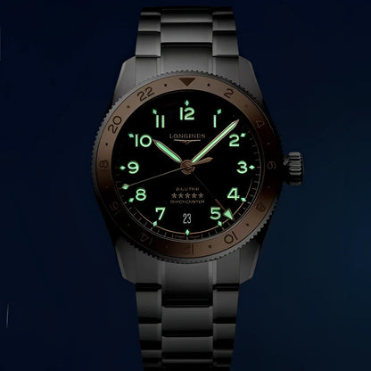 Longines orologio spirit zulu time 39mm nero automatico con quadrante nero e indici luminosi verdi in acciaio oro