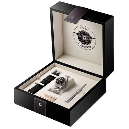 Orologio longines spirit zulu time 39mm automatico acciaio e oro con quadrante nero in elegante scatola nera