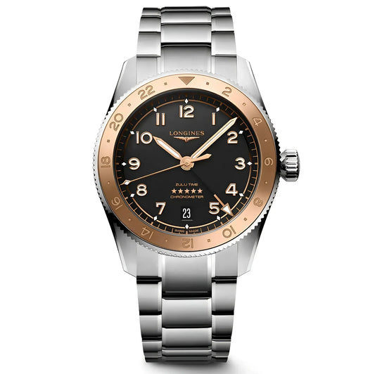 Longines orologio Spirit Zulu Time 1925 con quadrante nero, lunetta oro rosa e bracciale acciaio argento
