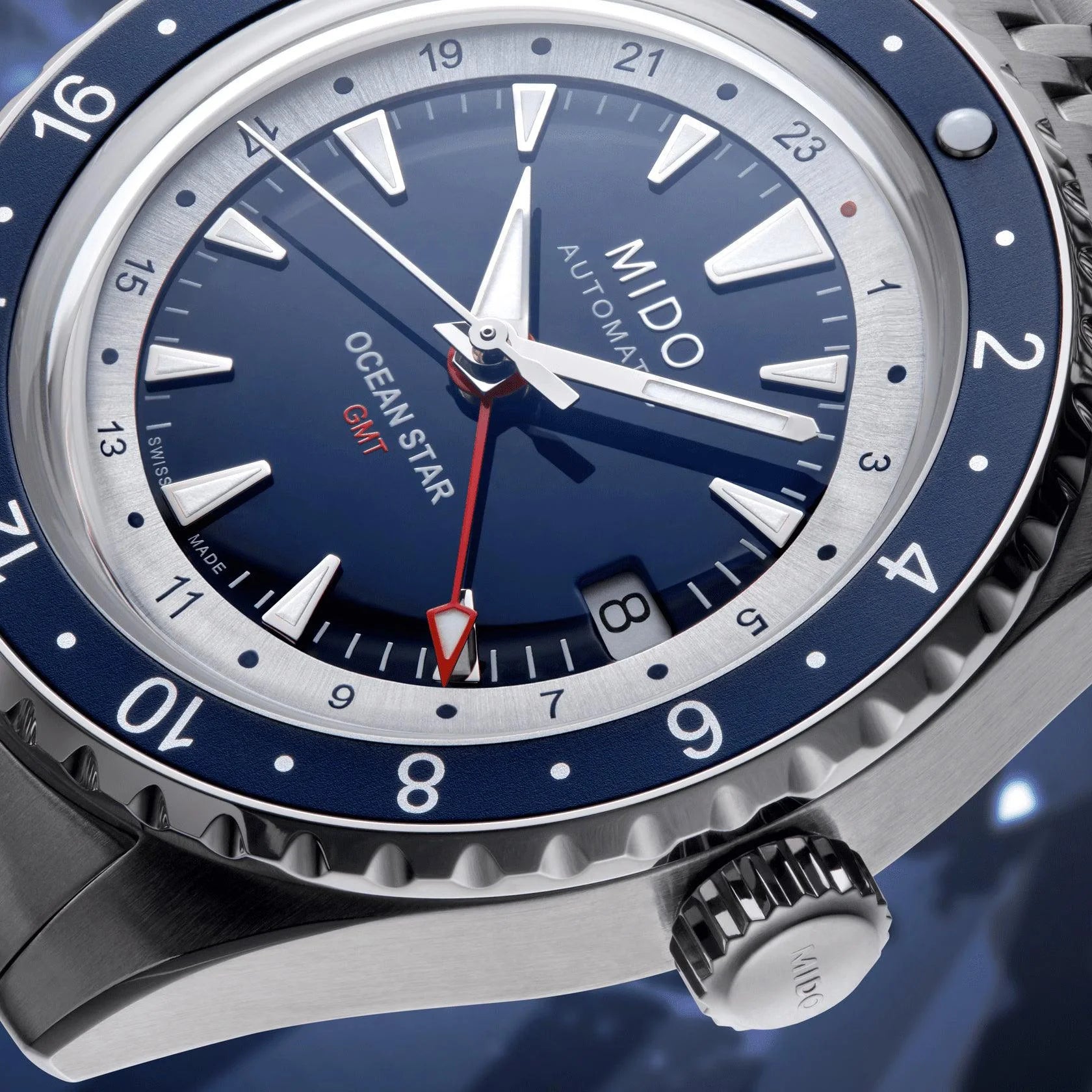 Mido orologio ocean star gmt 40mm blu con funzione gmt e cassa acciaio della collezione ocean star
