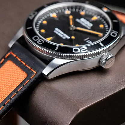 Elegante mido orologio ocean star 39 mm acciaio nero con quadrante nero e indici arancioni luminescenti linea ocean star