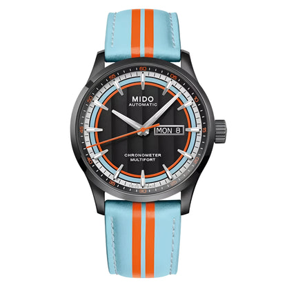 Mido orologio multifort chronometer 1 racer 42mm nero automatico con design deciso dell’orologio e cinturino in pelle azzurro