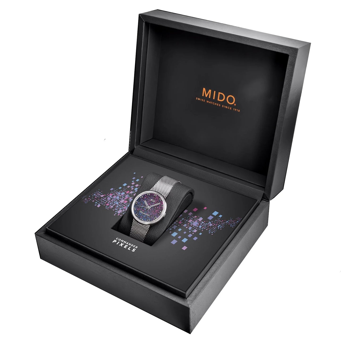 Mido orologio commander 1959 37mm nero automatico acciaio con cinturino mesh argento e quadrante pixelato viola e blu