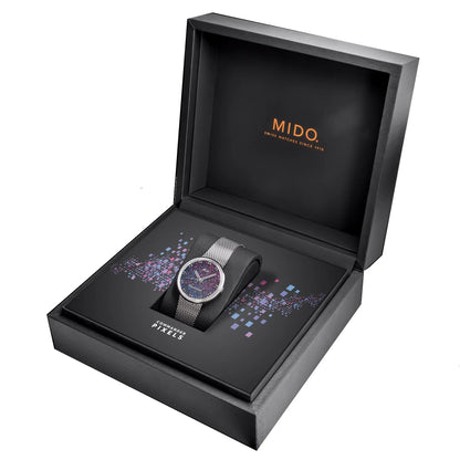 Mido orologio commander 1959 37mm nero automatico acciaio con cinturino mesh argento e quadrante pixelato viola e blu