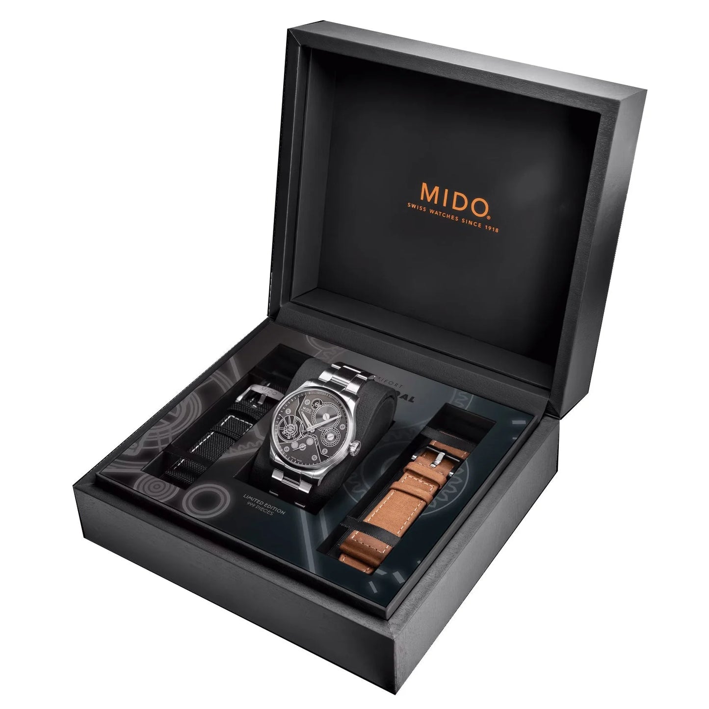 Mido multifort mechanical edizione limitata 999 pezzi con cassa argento quadrante nero e cinturini acciaio e pelle