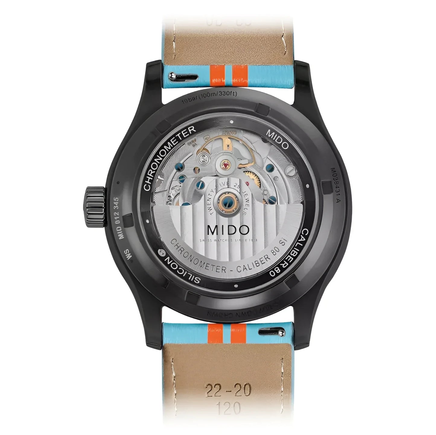 Mido orologio multifort chronometer 1 racer 42mm nero automatico con movimento meccanico visibile e cinturino in pelle tan con strisce turchese e arancione design deciso dell’orologio multifort