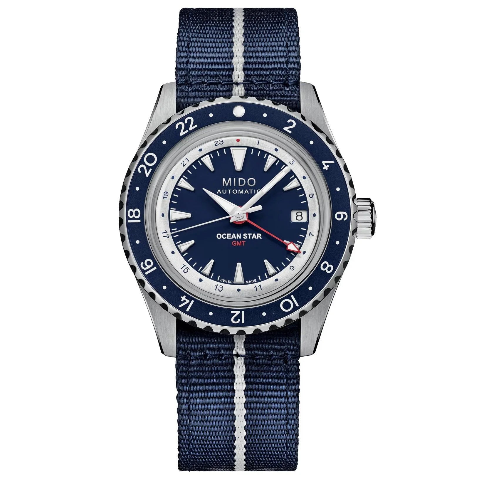 Mido orologio ocean star gmt edizione speciale 40mm blu con funzione gmt quadrante blu e cinturino tessuto navy