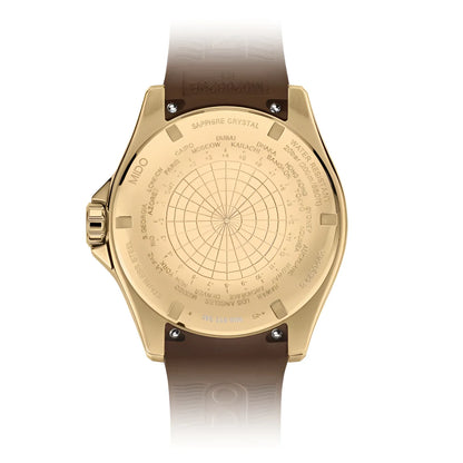 Retro oro giallo del mido ocean star gmt 44mm con cinturino in pelle marrone funzione gmt e incisioni della collezione ocean star