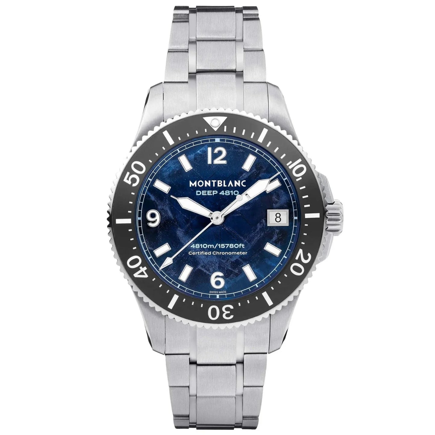 Montblanc iced sea oxygen deep 4810 quadrante blu profondo con bracciale in acciaio inox argento e numeri bianchi