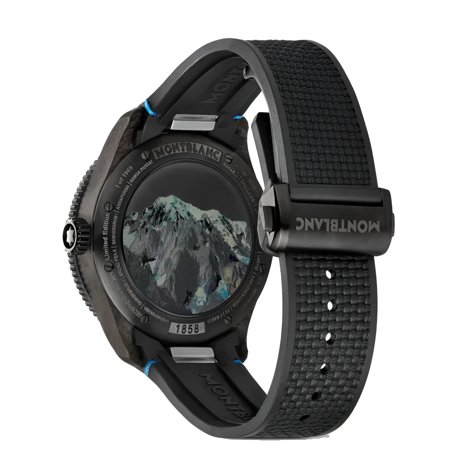 Orologio montblanc geosphere carbo₂ edizione limitata nero 43mm con quadrante tema montagne e cinturino testurizzato