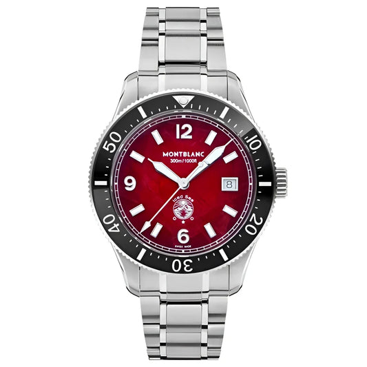 Montblanc iced sea orologio subacqueo automatico con quadrante rosso bordeaux e cassa e cinturino in acciaio inox argento