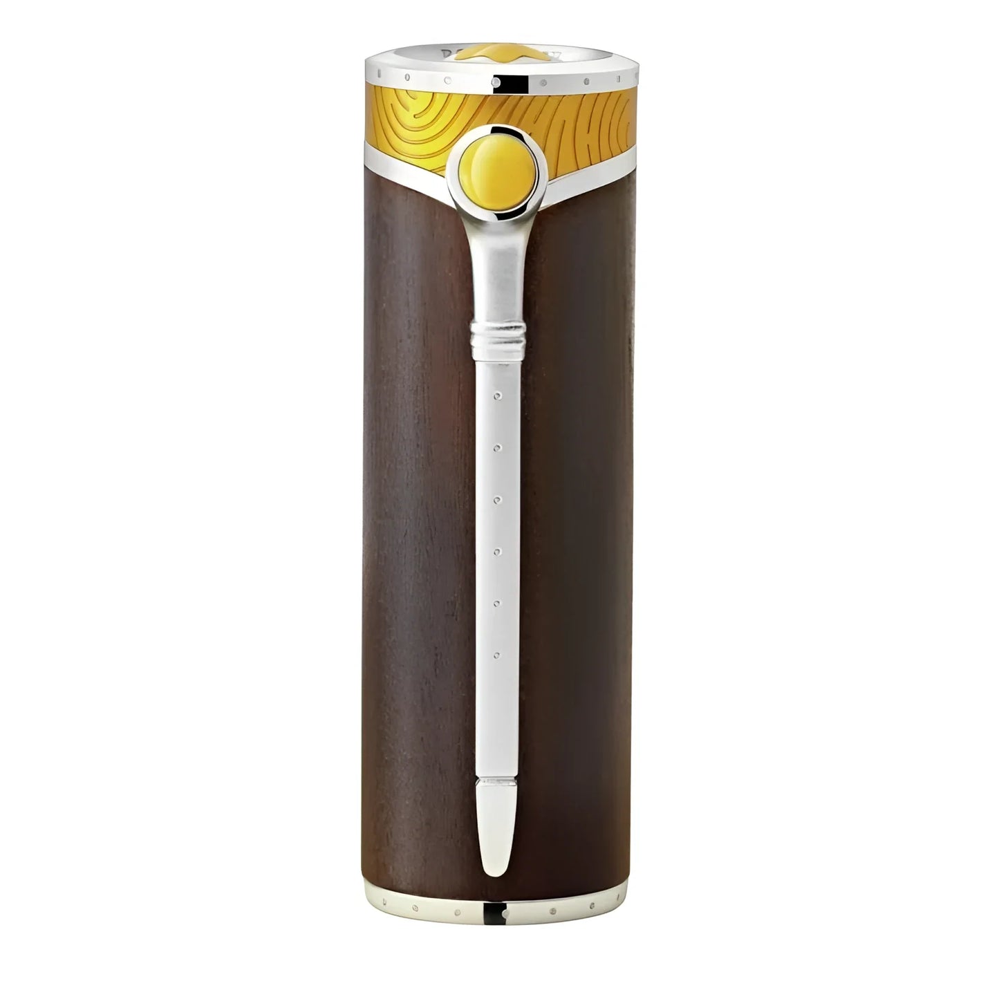 Elegante accendino cilindrico montblanc roller homage a vincent van gogh con corpo in legno scuro e dettagli in argento e giallo