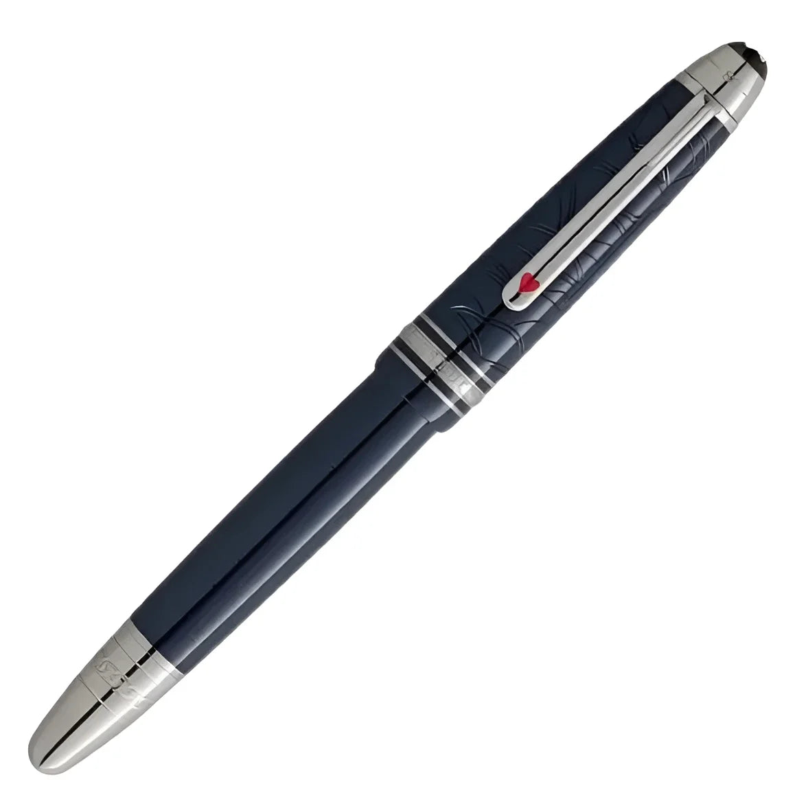 Elegante penna roller montblanc legrand meisterstück navy blu con dettagli in argento e cuore rosso intagliato the world