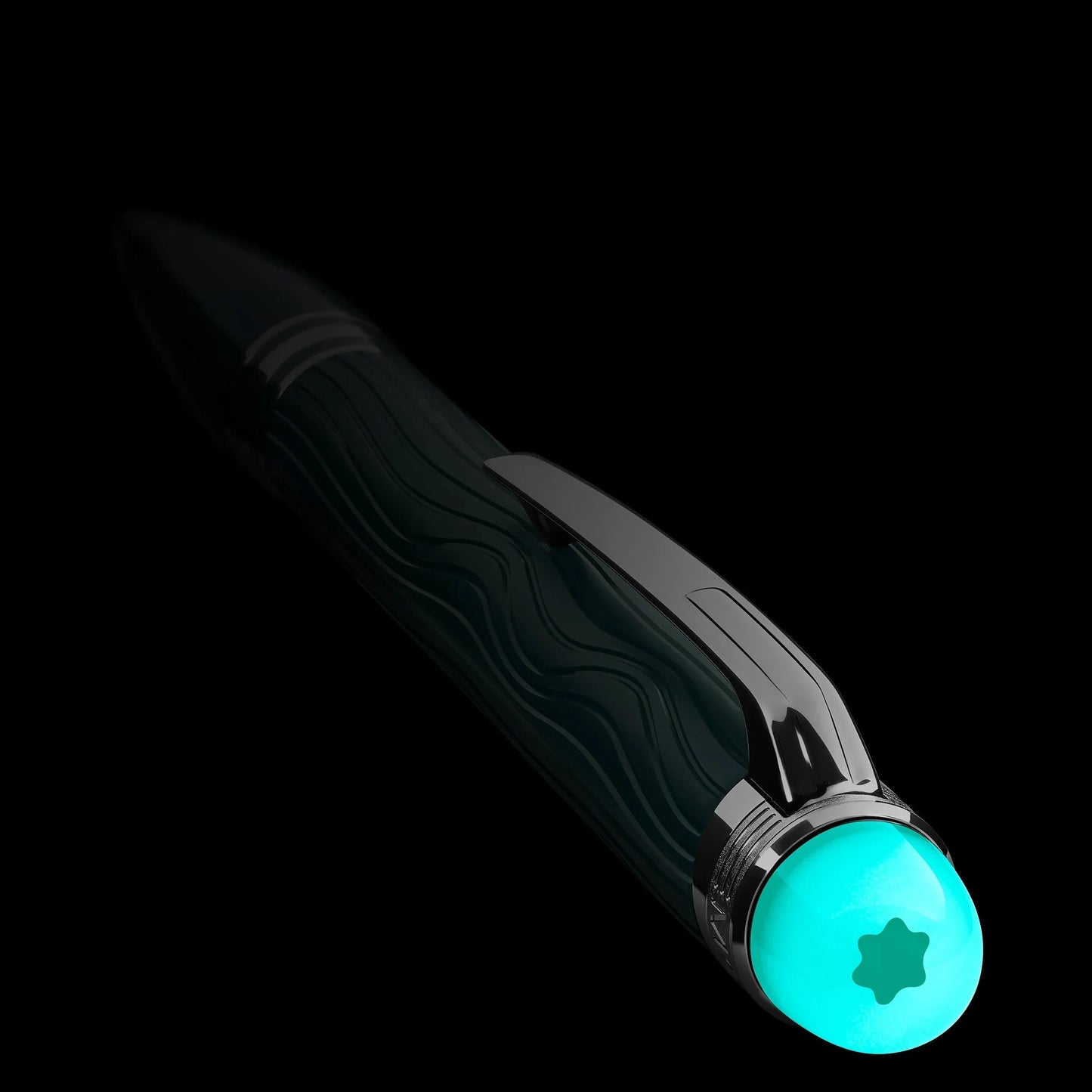 Montblanc penna a sfera starwalker polargreen con corpo nero lucido a onde e cappuccio turchese con stelletta emblem