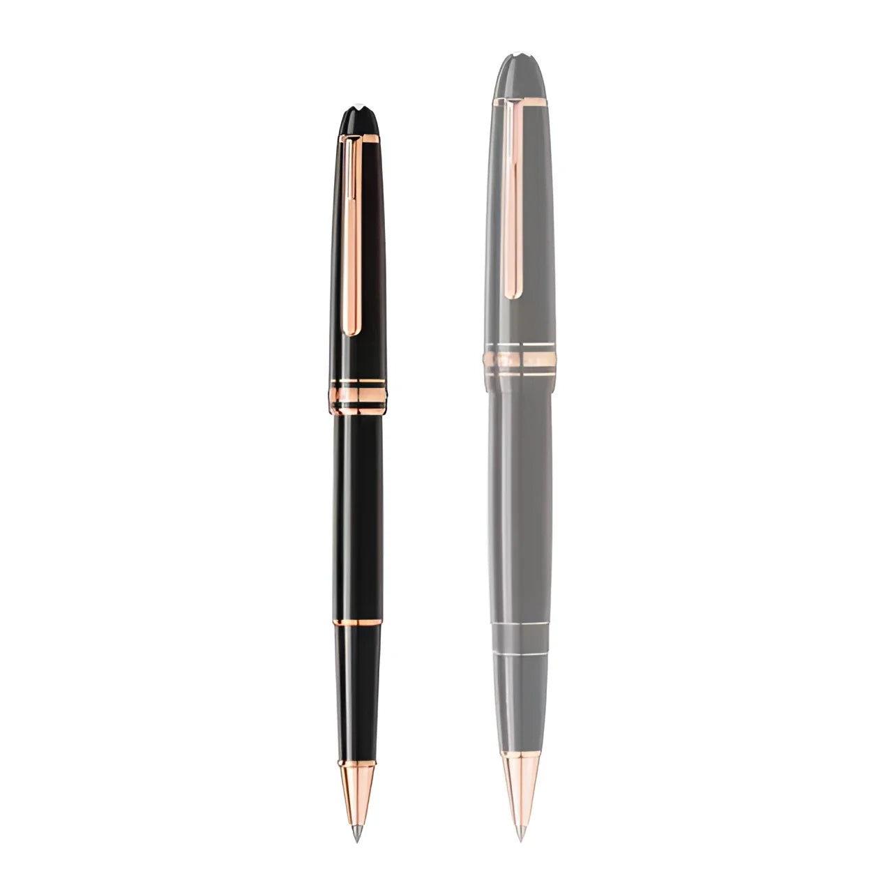 Due montblanc roller meisterstuck classique in pregiata resina nera e grigio opaco con dettagli in red gold