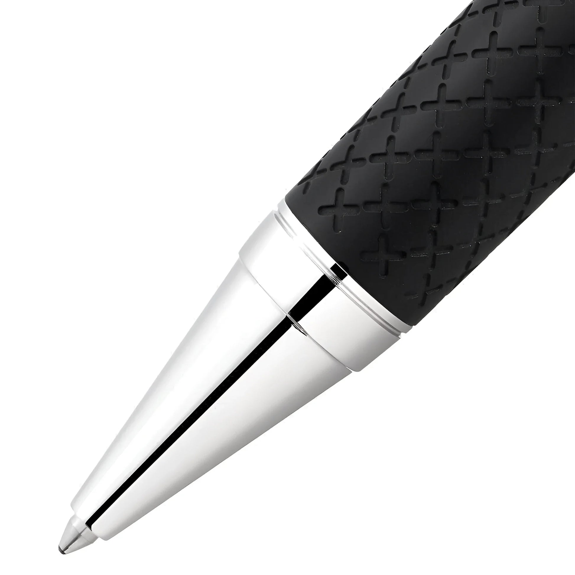 Black textured grip with silver metallic accents and sleek pointed tip of montblanc penna a sfera homage to robert louis stevenson limited edition