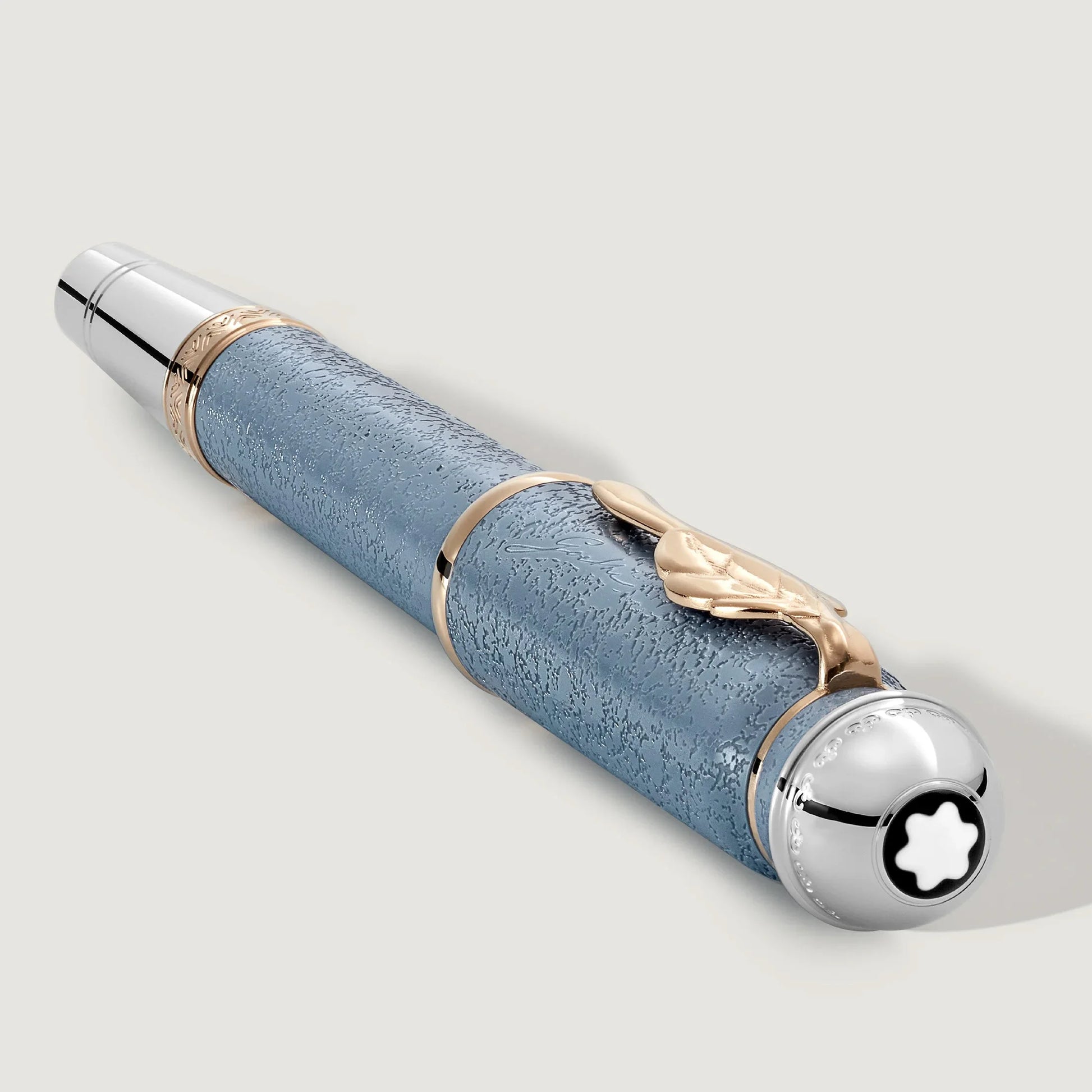 Montblanc roller wolfgang von goethe edizione limitata 131438 penna con corpo azzurro trama e cappuccio argento