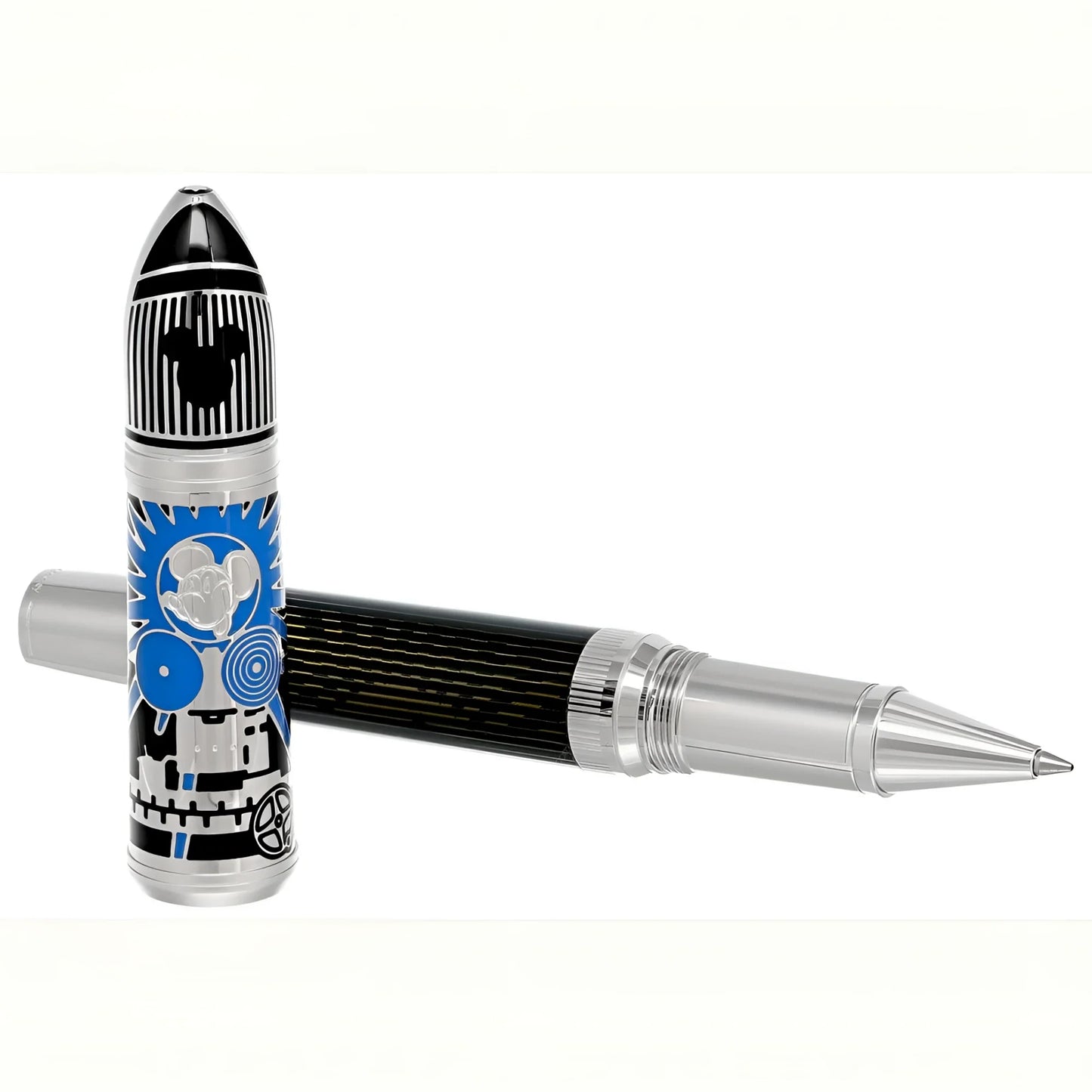 Montblanc roller great characters walt disney edizione limitata penna rollerball nera e argento con cappuccio mickey mouse blu e bianco