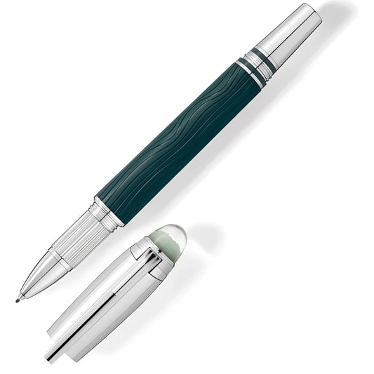 Elegante montblanc fineliner starwalker polargreen con finitura legno verde scuro e dettagli in metallo argento lucido