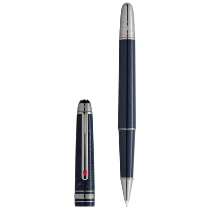 Deep navy blue montblanc meisterstück 149 rollerball pen with silver accents and red heart emblem from around the world series
