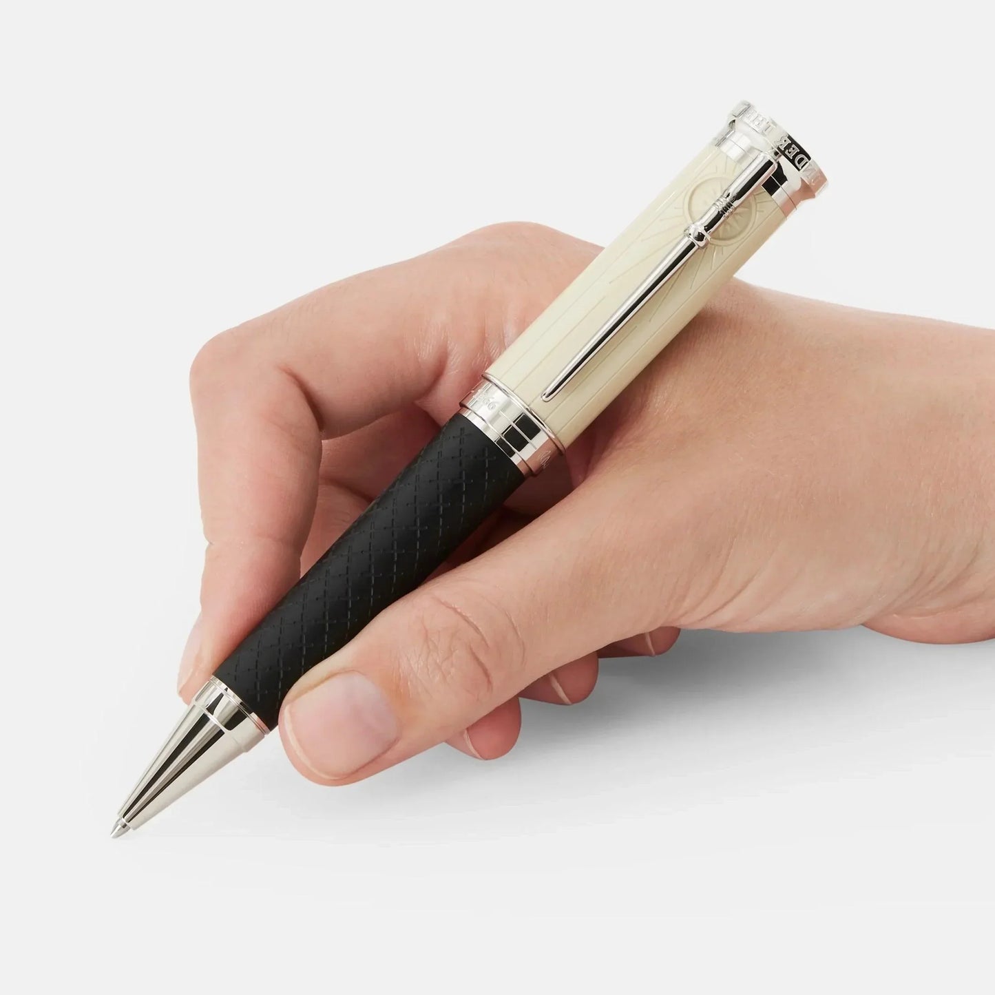 Montblanc penna a sfera cream e nera con impugnatura testurizzata ed edizione limitata hommage a robert louis stevenson