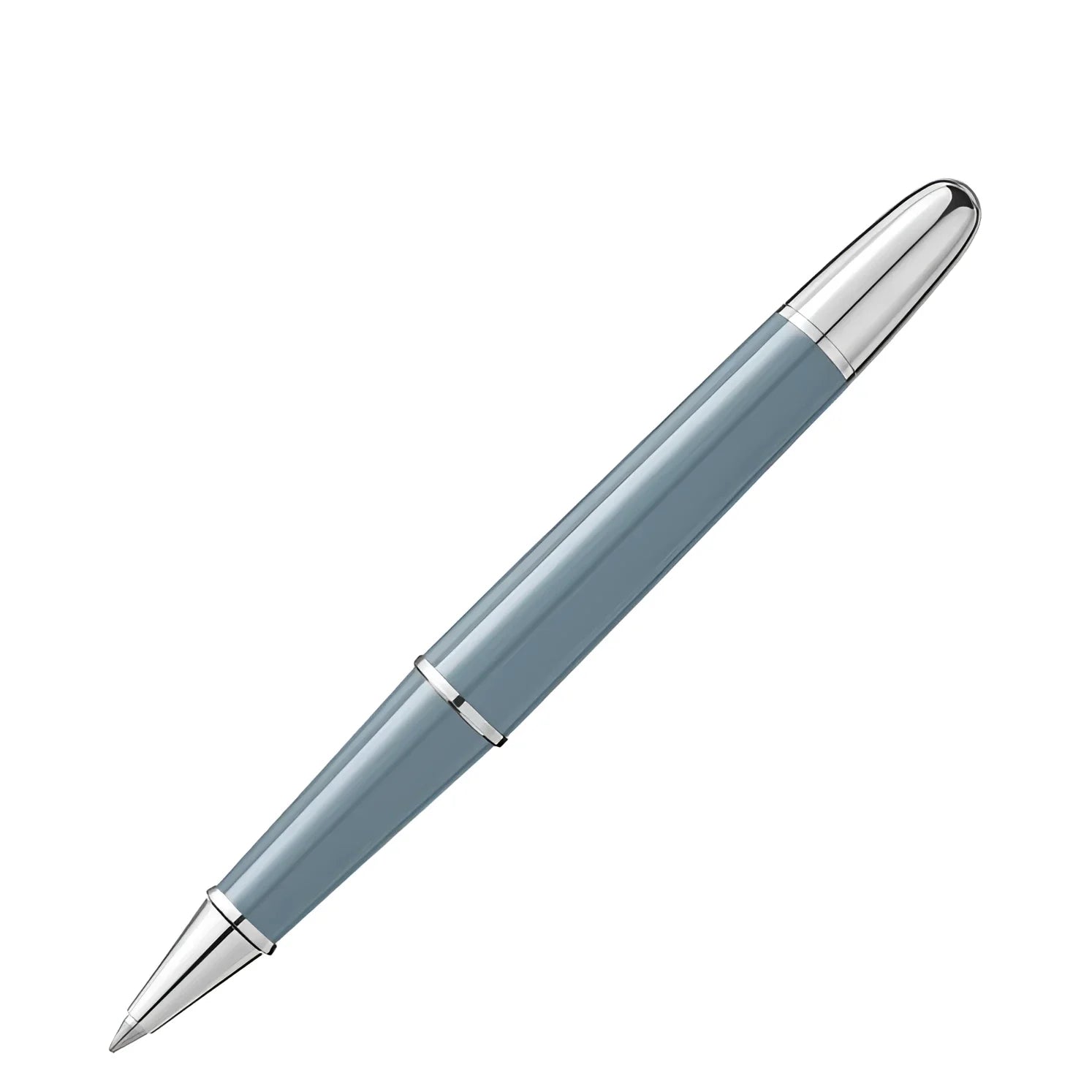 A sleek light blue montblanc rollerball pen with silver accents from the olympic heritage chamonix collection