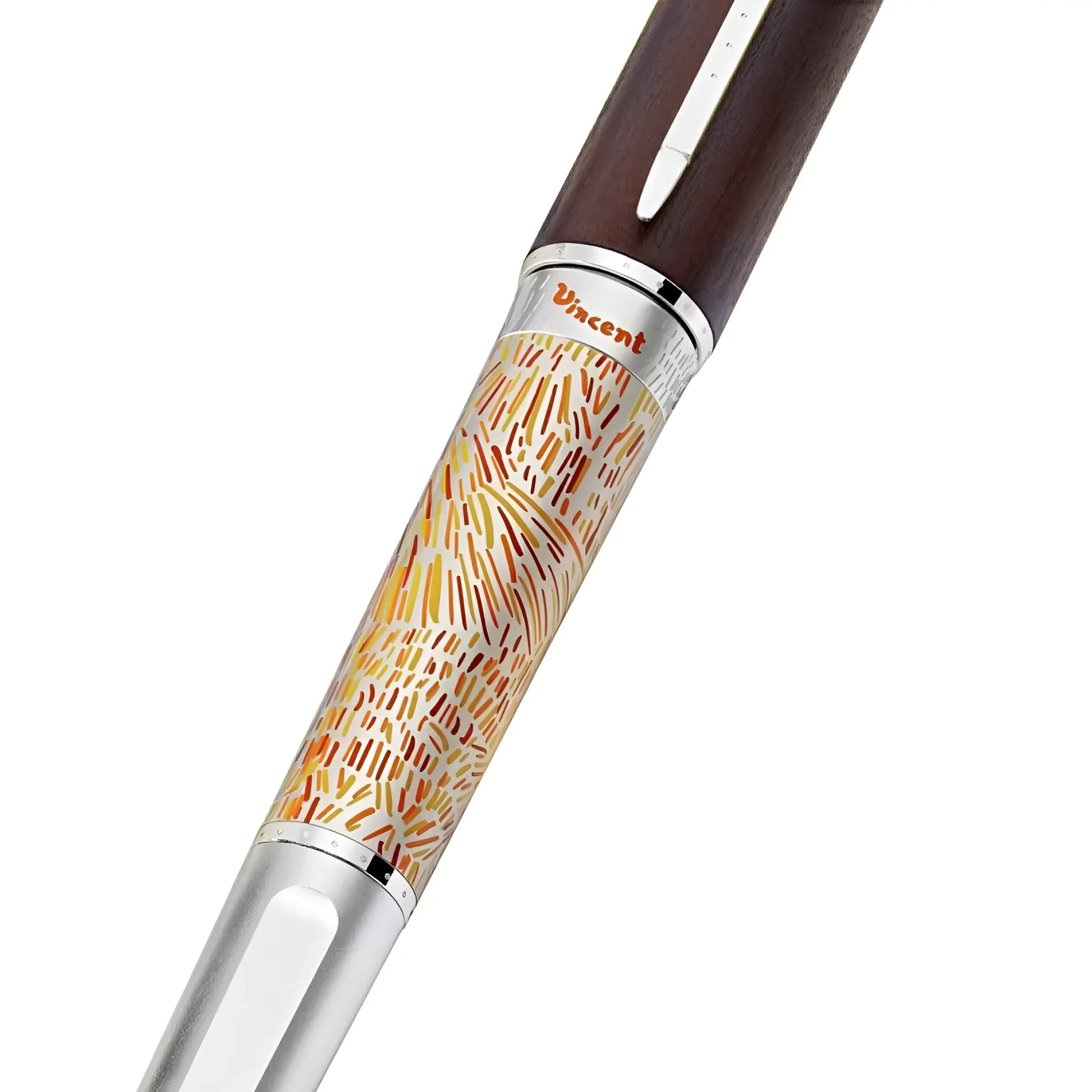 Montblanc stilografica vincent van gogh with dark wood grip silver accents and orange yellow brushstroke barrel pattern
