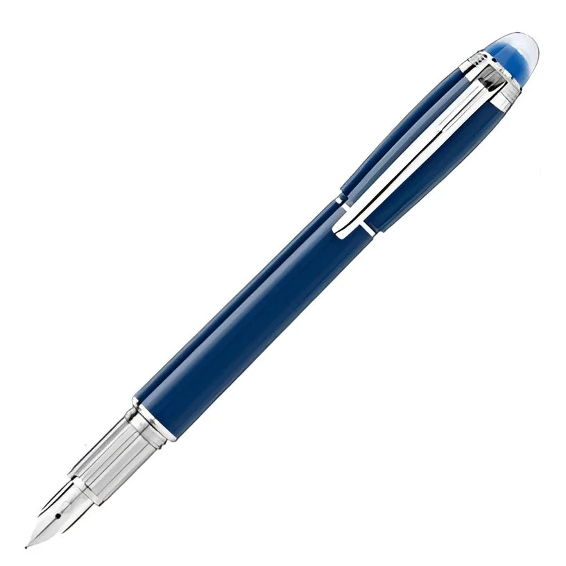 Stilografica starwalker blue planet montblanc con finitura lucida e dettagli in argento punta m colore blu scuro