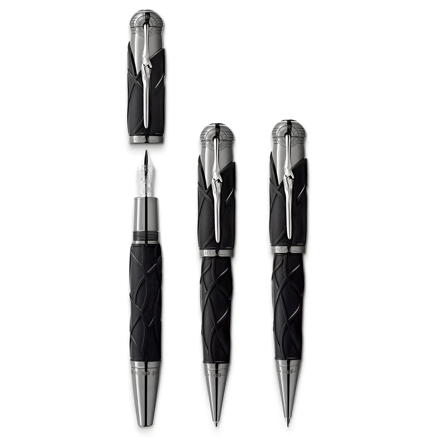 Penna stilografica montblanc writers edition fratelli grimm nera e argento con design intrecciato e cappuccio metallico lucido