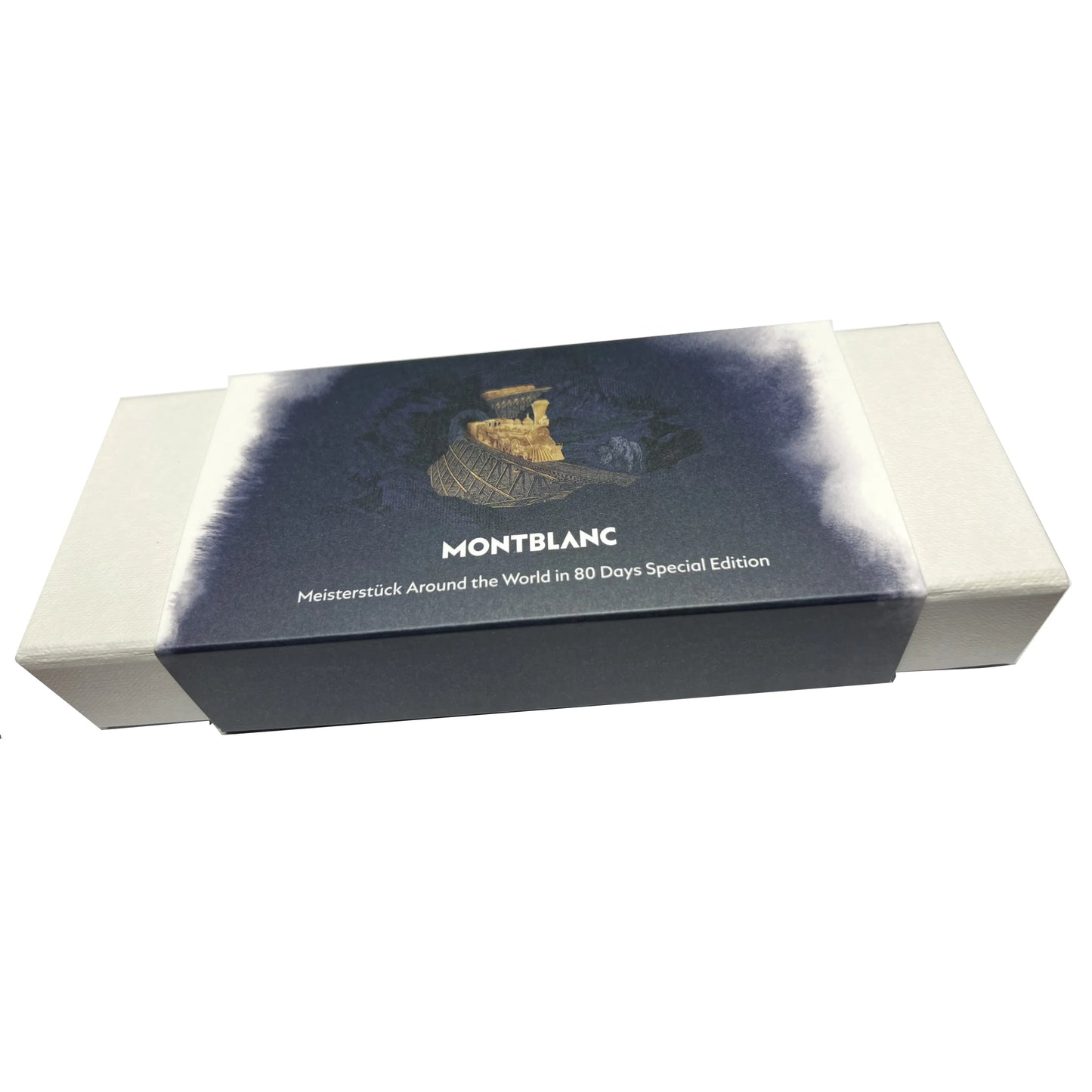 Montblanc penna a sfera media meisterstück around the world in 80 days 132877 con scatola blu navy e illustrazione treno dorato