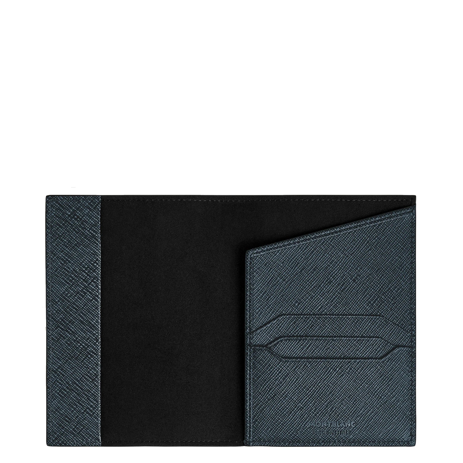 Montblanc custodia per passaporto in pelle sartorial goffrata bicolore blu con tessuto tweed blu e interni neri con porta carte