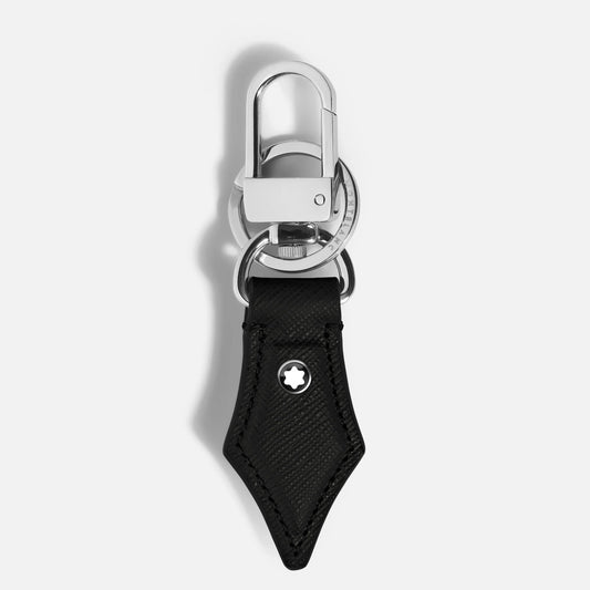 Montblanc portachiavi a forma di pennino sartorial nero in pelle sartorial nera con moschettone metallico argento e logo montblanc