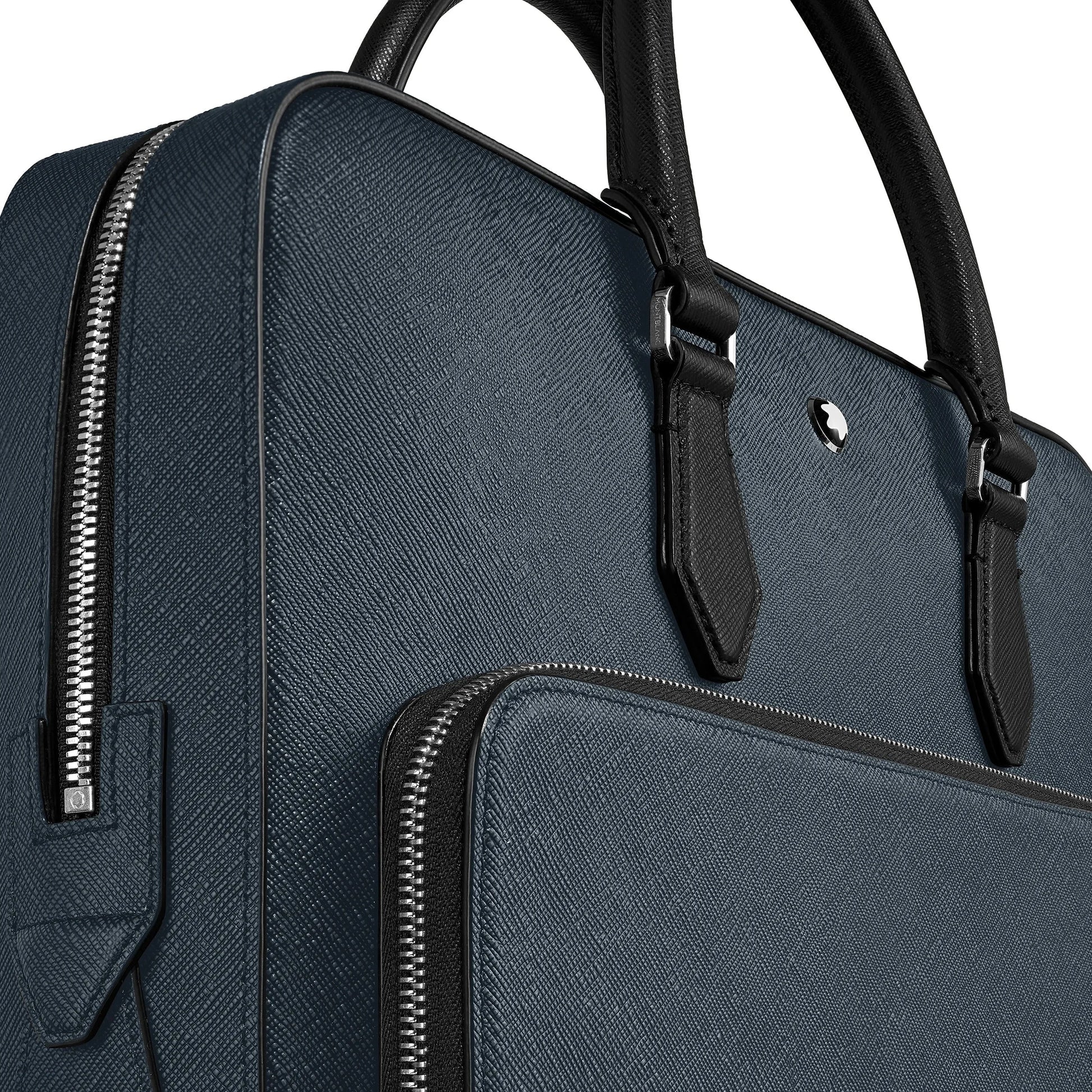 Montblanc borsa portadocumenti media in tweed blu con elegante cartella presenta capiente scomparto principale in pelle blu e manici neri