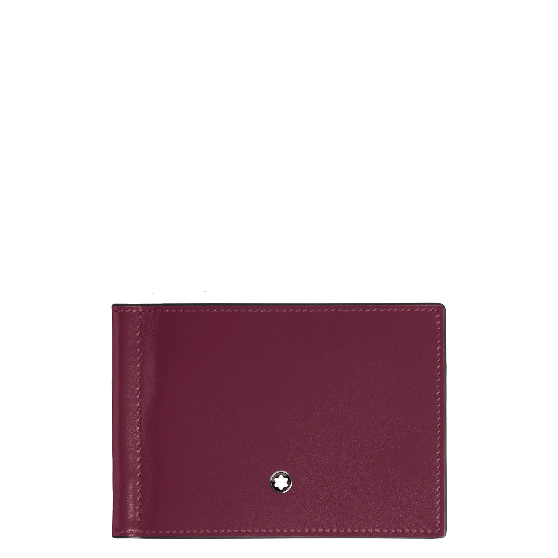 Portafoglio pieghevole meisterstück in pelle bordeaux con cuciture precise ed emblema argentato centrale