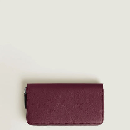 Portafoglio montblanc sartorial in pelle bordeaux con cerniera completa e superficie testurizzata sartorial cassis