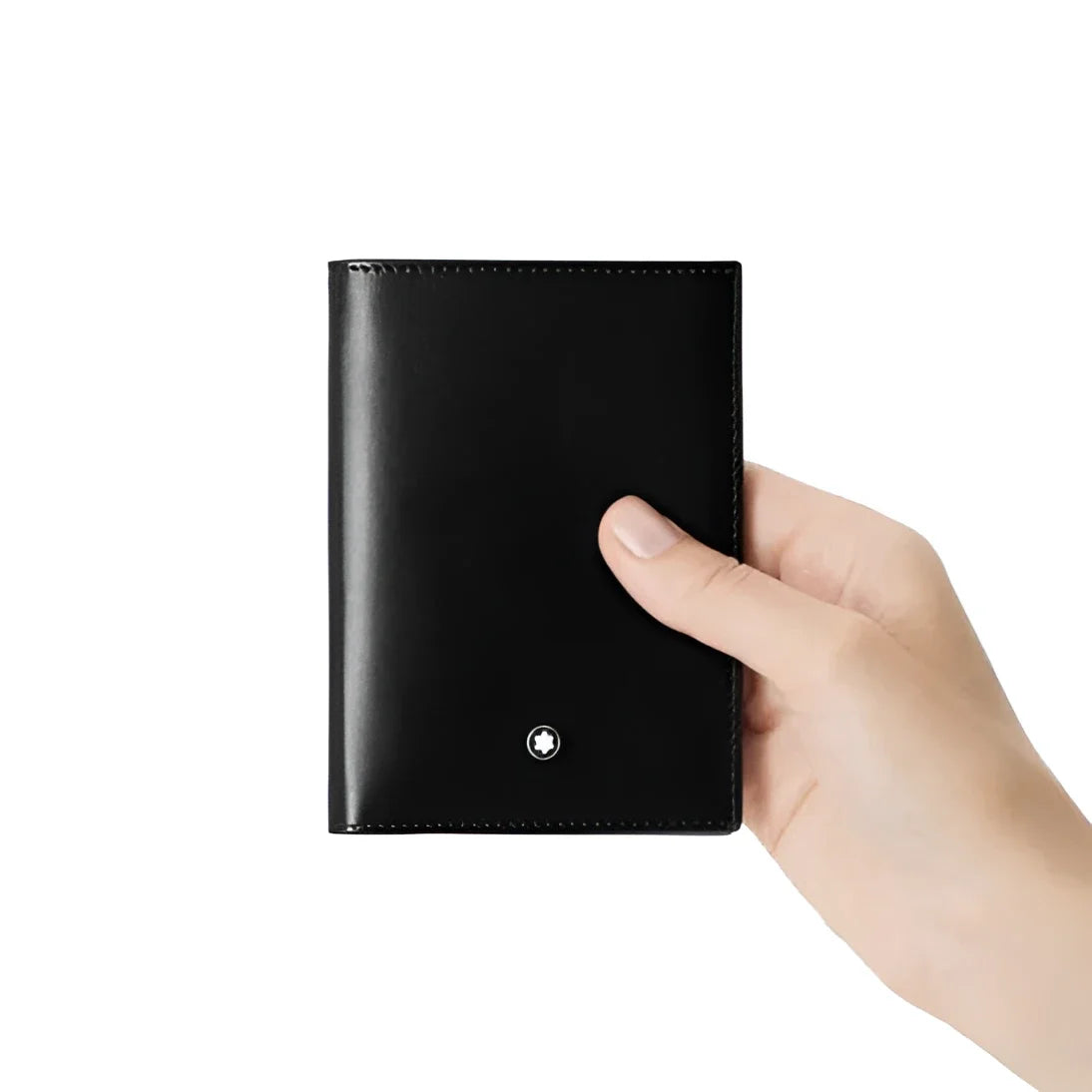 Portafoglio meisterstück montblanc in pelle nera con design elegante e emblema argento sulla parte frontale