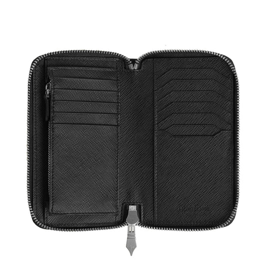 Montblanc portafoglio in pelle nera con cerniera combina stile intramontabile e dettaglio tweed blu