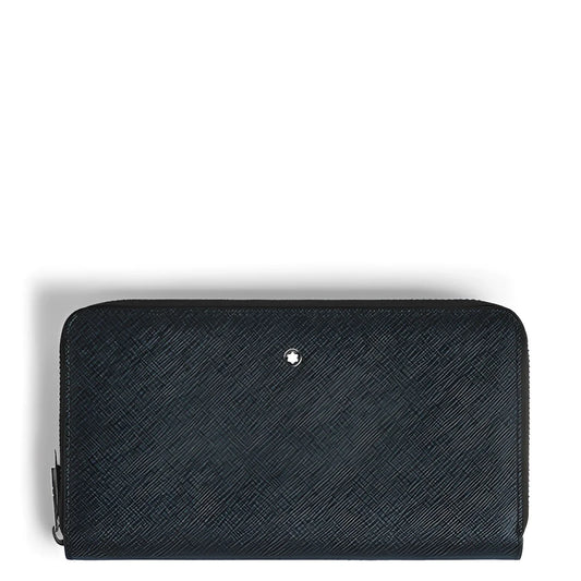 Portafoglio montblanc sartorial goffrata nera in pelle con logo argento e 12 scomparti con cerniera blu tweed