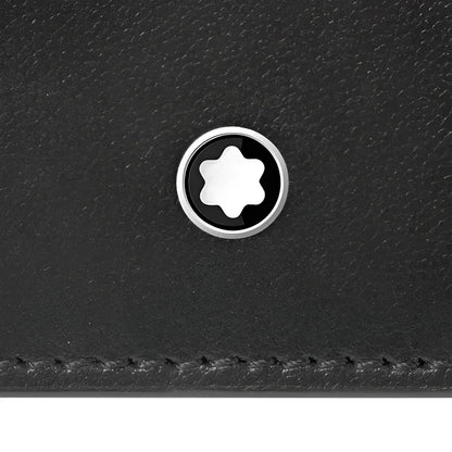 Portafoglio montblanc sottile in pelle nera con emblema circolare argento e stella bianca a sei punte montblanc sottile trio