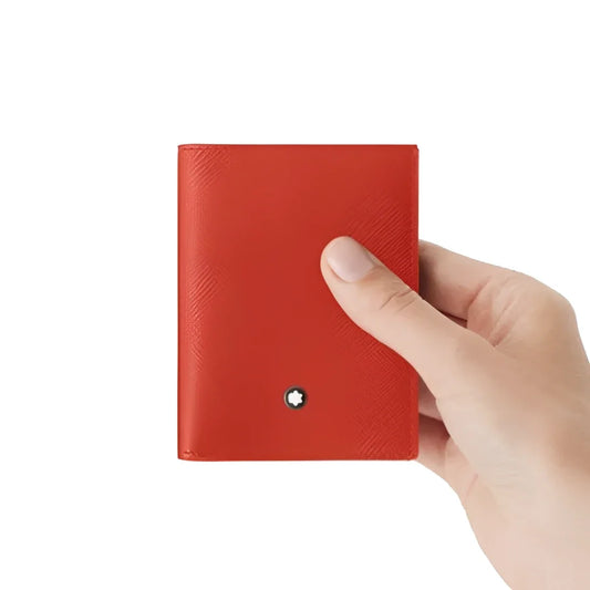 Portafoglio mini montblanc in pelle rossa stampa saffiano corallo con emblema argentato e scomparti sartorial corallo