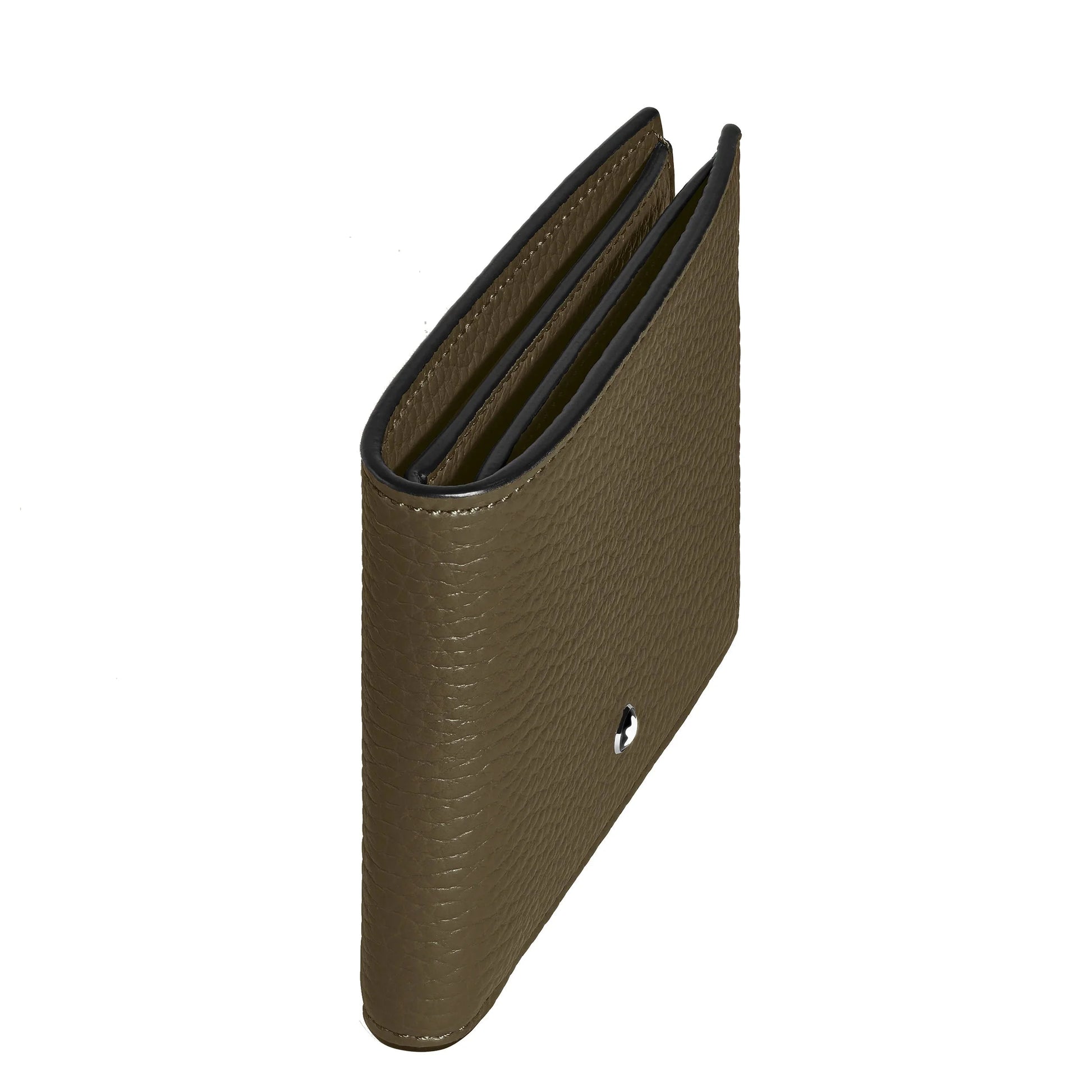 Montblanc portafoglio compatto kaki in pelle coniuga eleganza discreta con cuciture marrone scuro e chiusura metallica argento