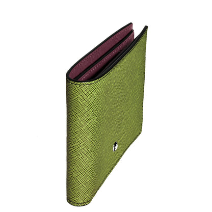 Montblanc portafoglio 8 scomparti multi lime in pelle stampa saffiano verde con interno bordeaux e cuciture nere