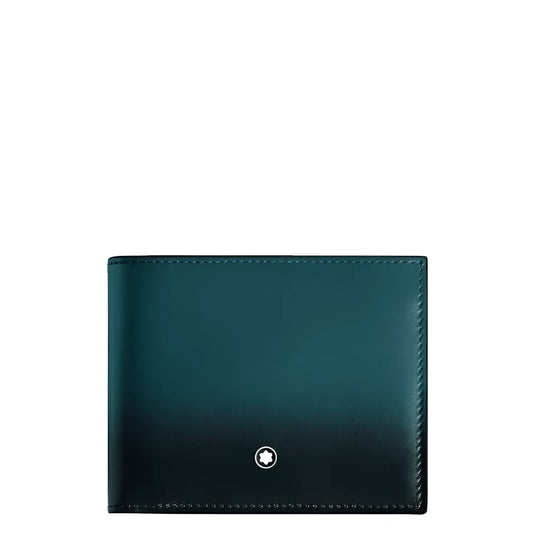 Portafoglio meisterstück montblanc in pelle blu cipro con finitura sfumata verde scuro e logo argento al centro