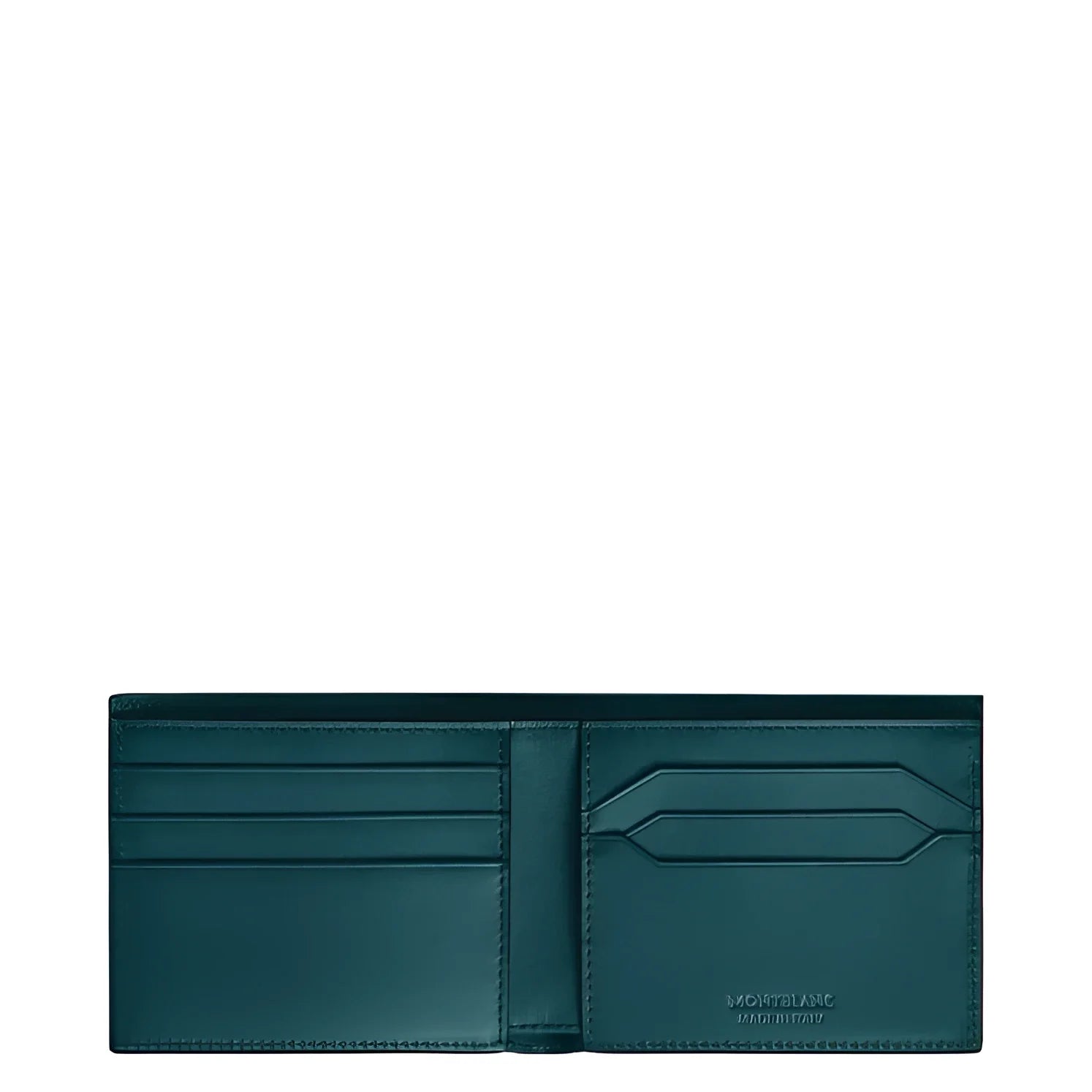 Portafoglio meisterstück montblanc blu cipro in pelle con logo embossato e scritta made in italy in verde scuro